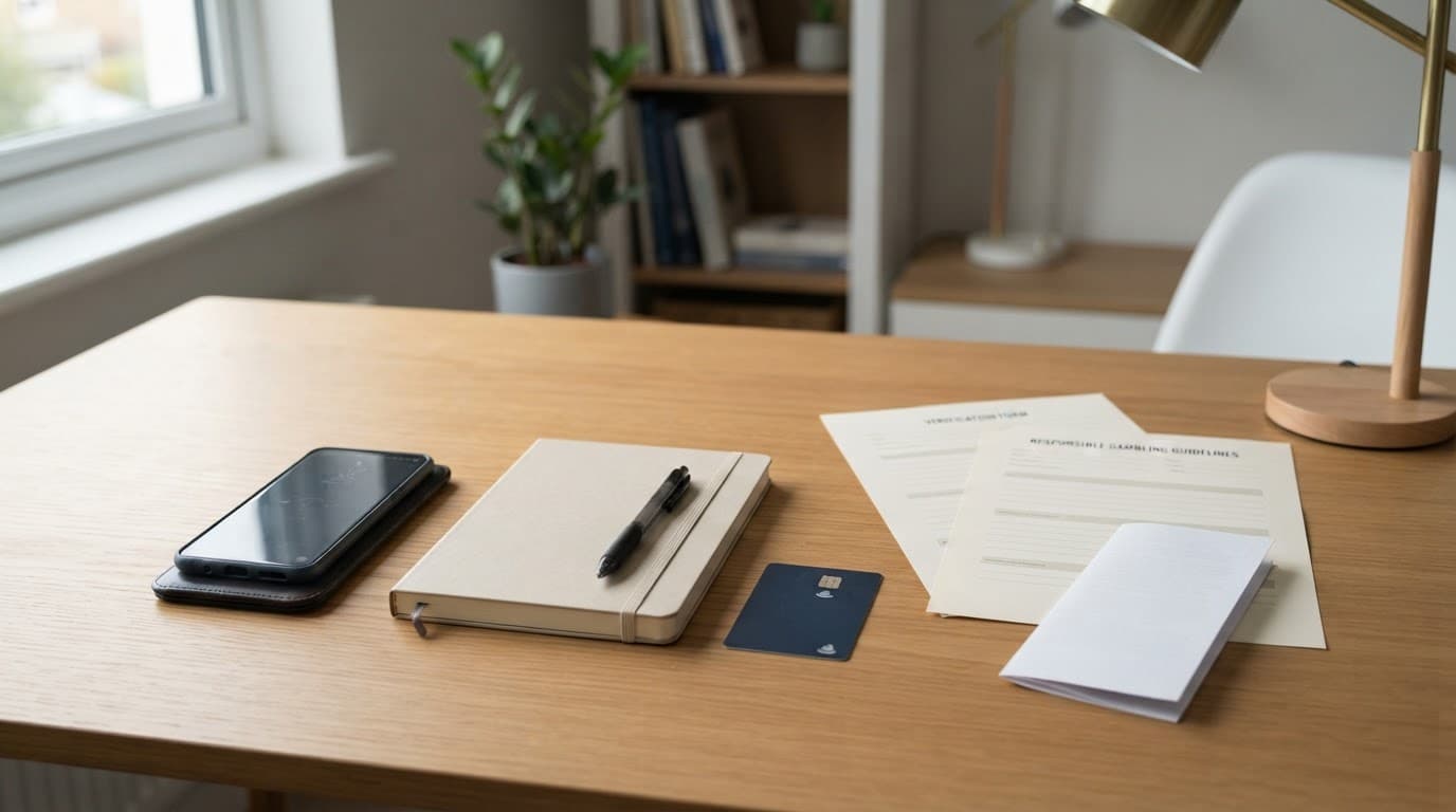 Smartphone, notebook, bank card, and documents arranged on a tidy home-office desk.