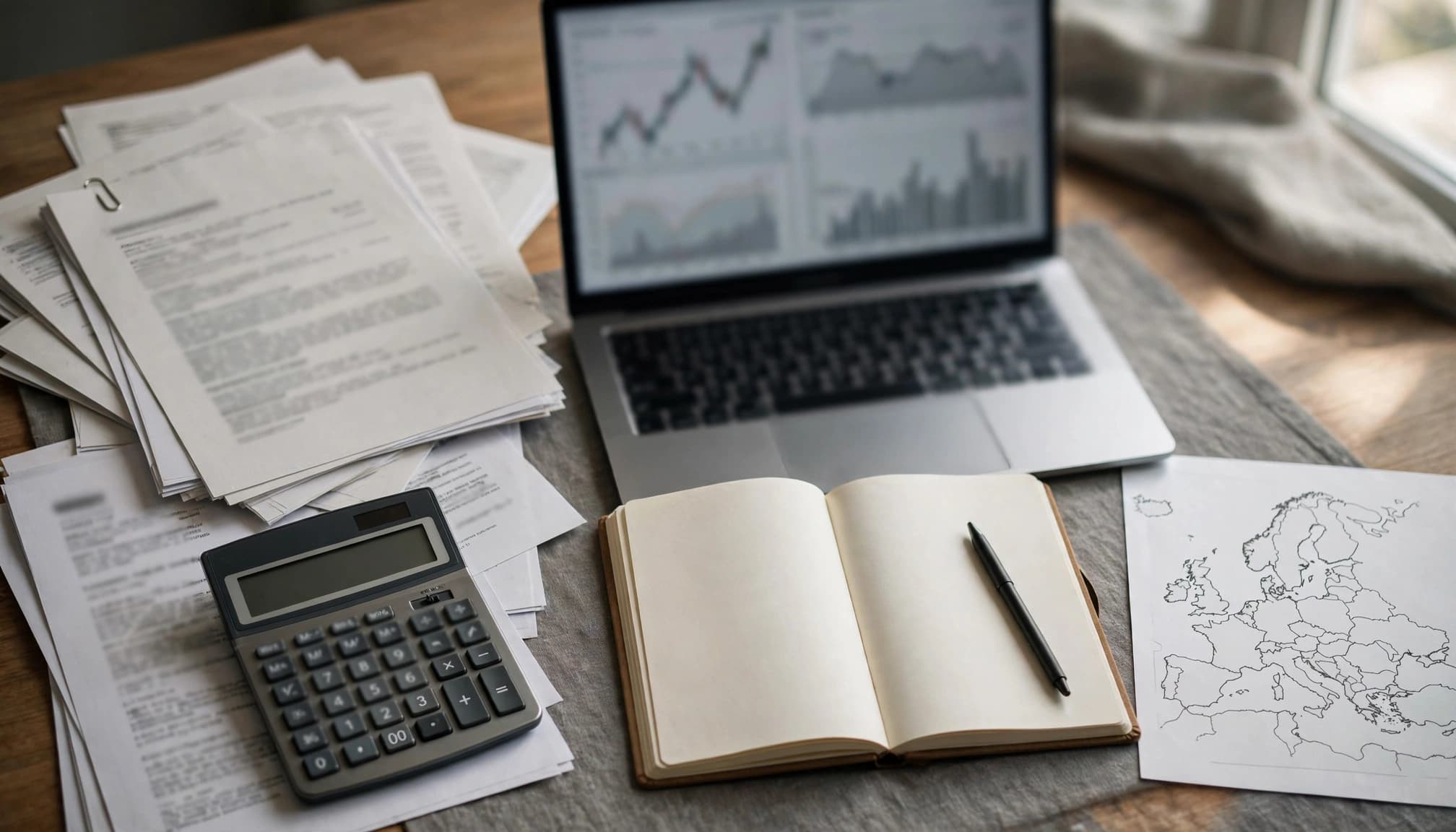 Financial research desk with regulatory papers, calculator, notebook, trading screen, and European map.