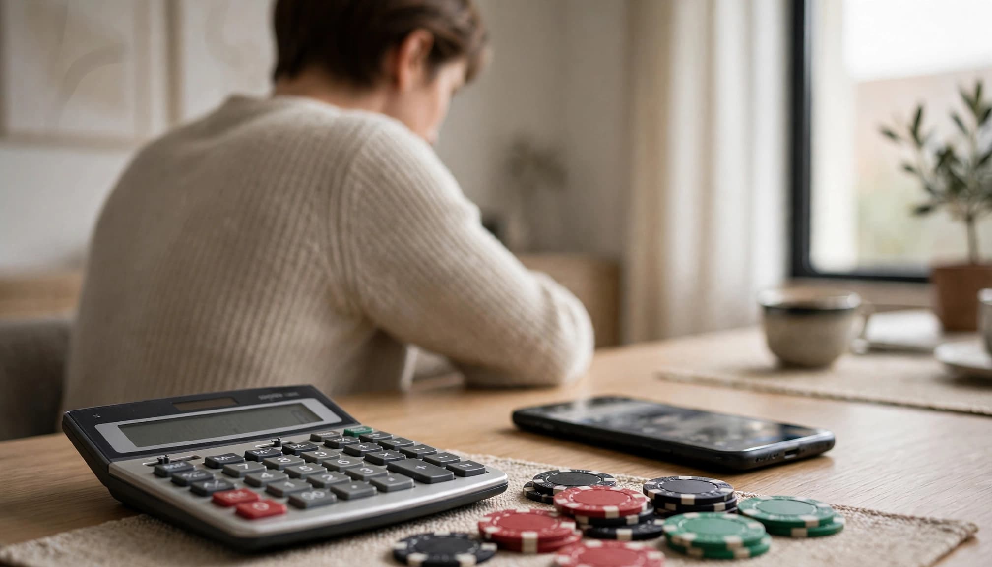 Person reviewing a blurred casino balance on a phone beside a calculator and chips.
