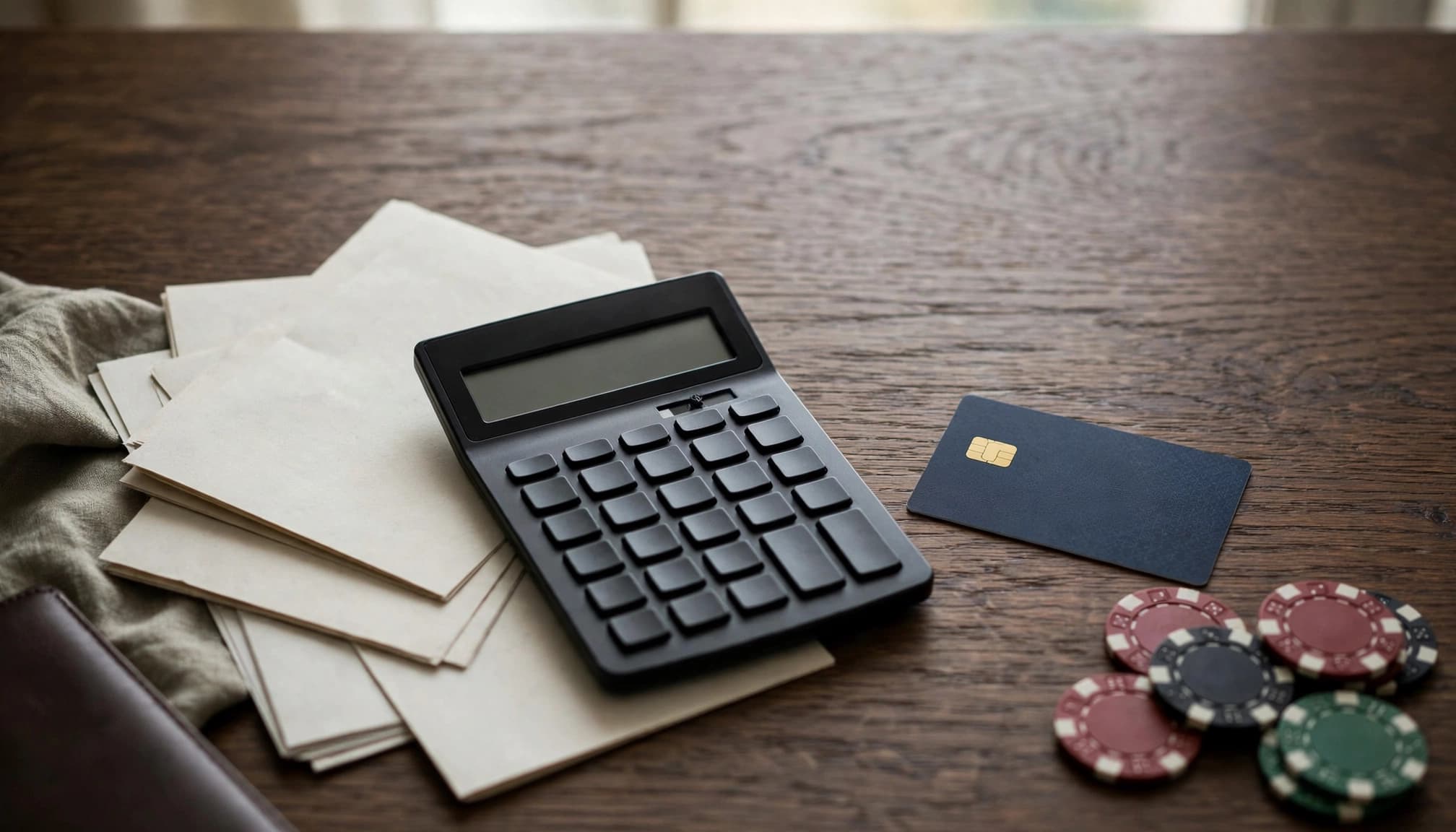 Documents, a calculator, bank card, and poker chips on a dark oak table.
