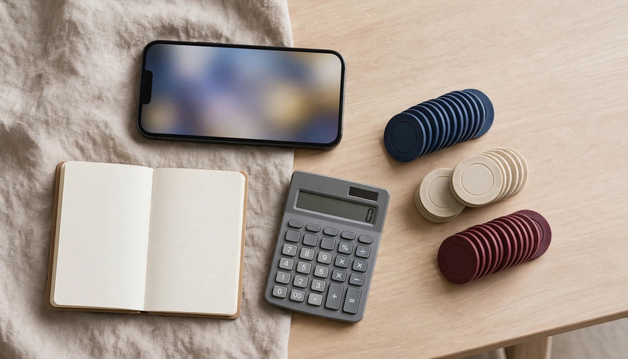 A smartphone, notebook, calculator, and poker chips arranged on a kitchen table.