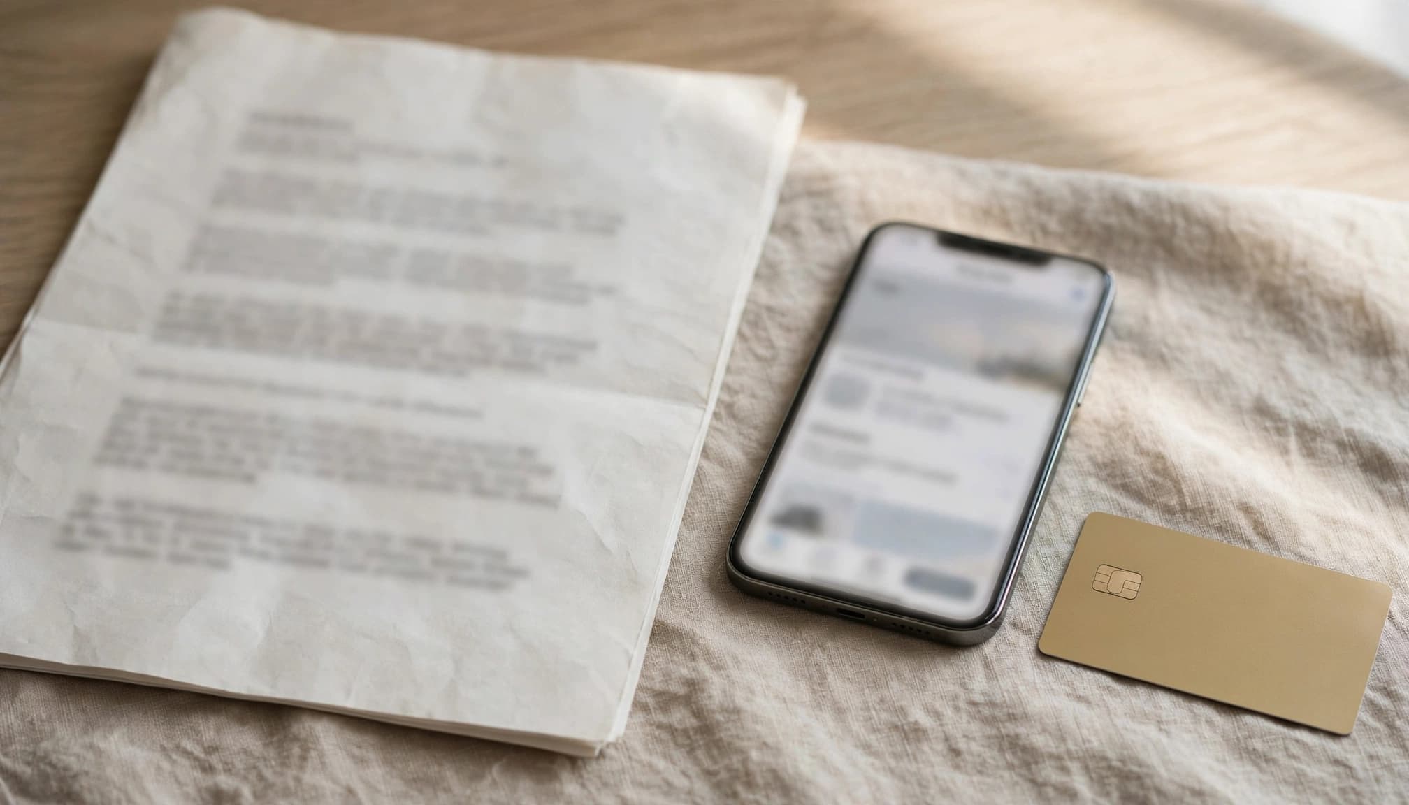 Printed bonus terms beside a smartphone and payment card on a neutral desk.
