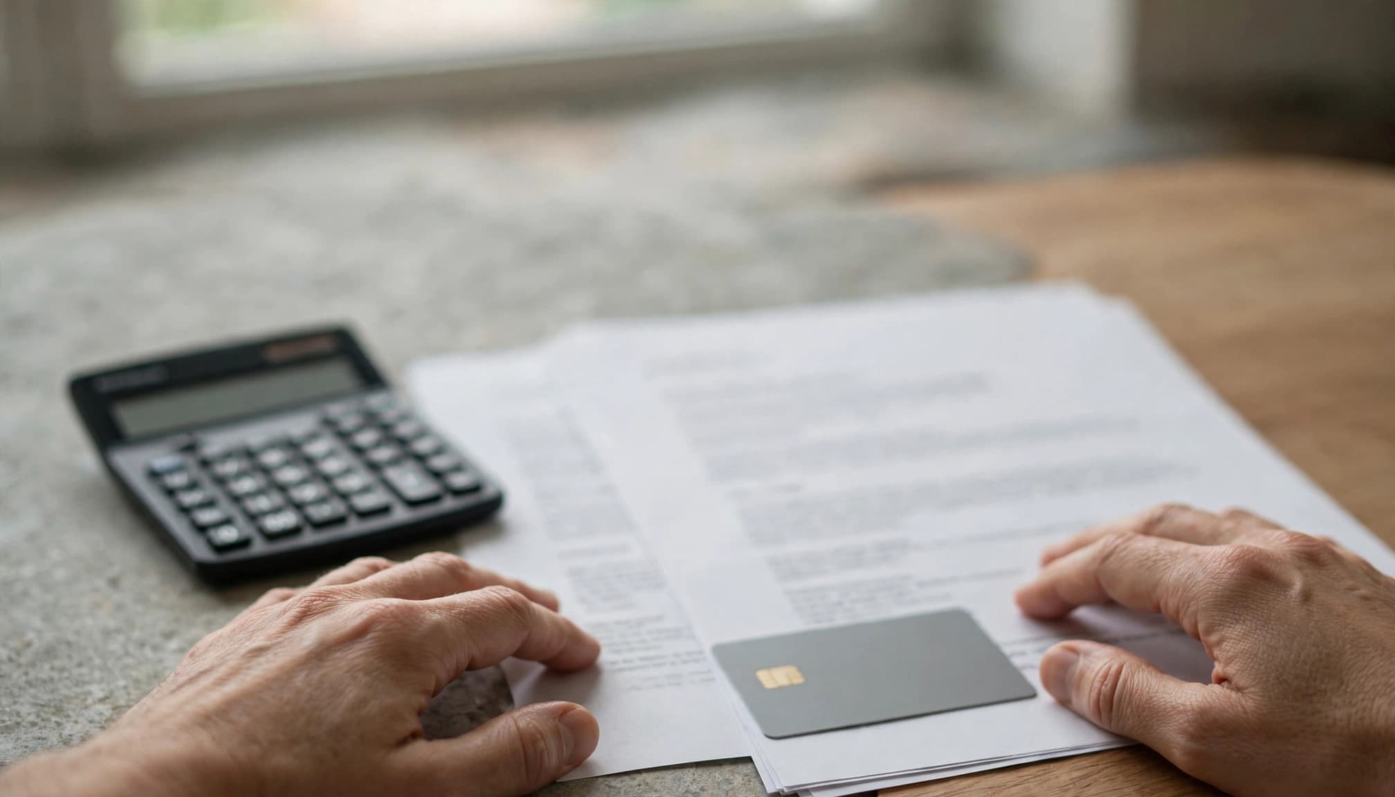 Hands beside casino terms, a calculator, and a payment card on a home office desk.