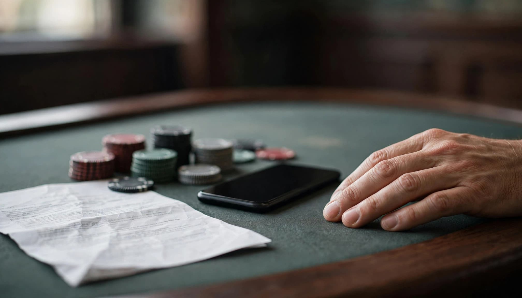 A hand beside casino chips, a blank phone, and an unreadable bonus terms sheet.