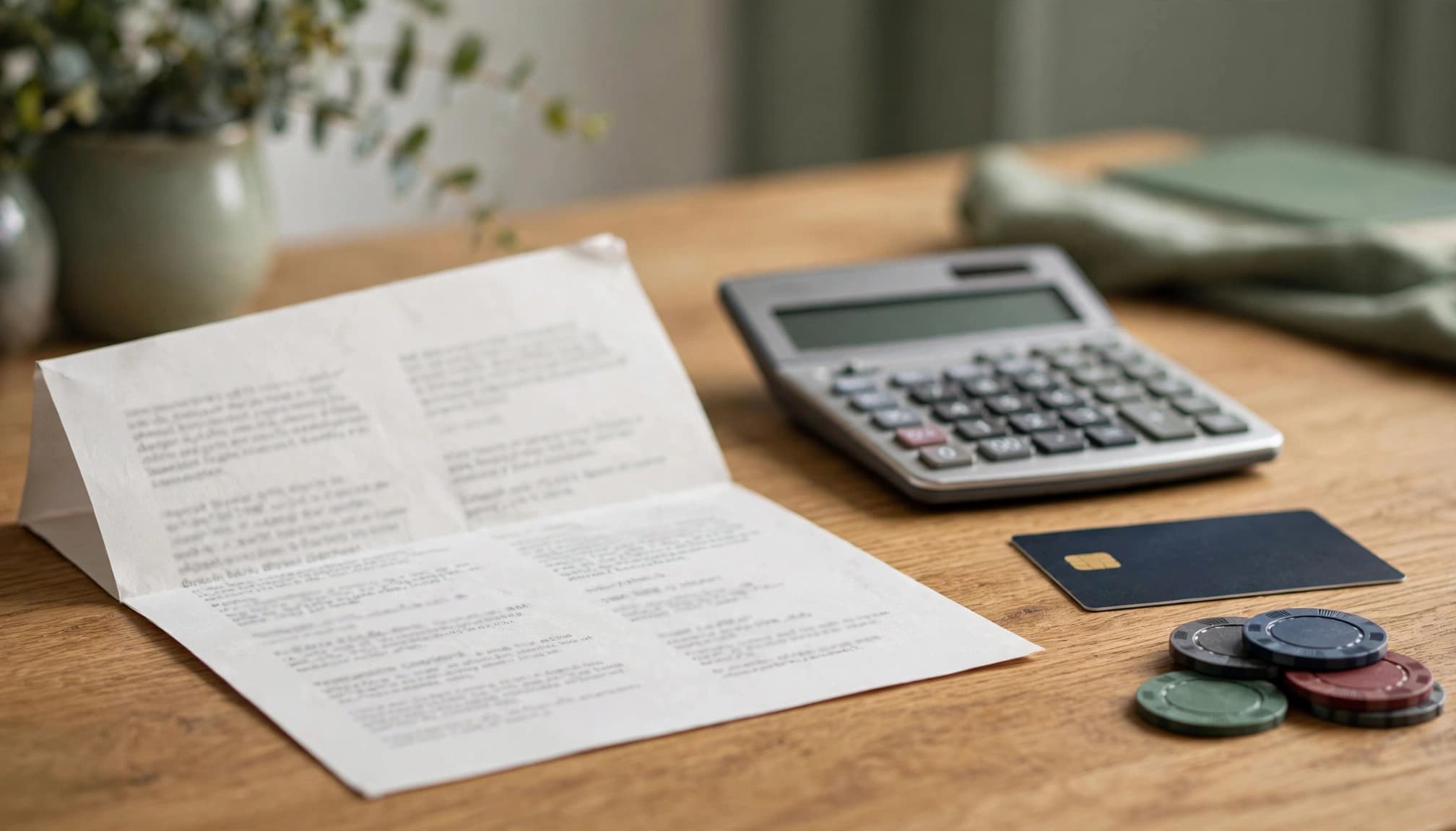 Casino terms sheet beside a calculator, bank card, and chips on a home office desk.