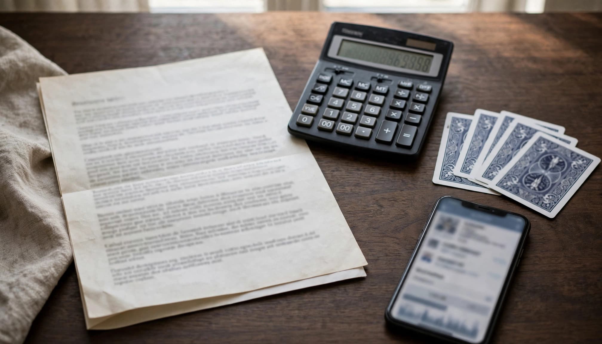 A calculator and casino promotion document beside cards and a blurred smartphone screen.