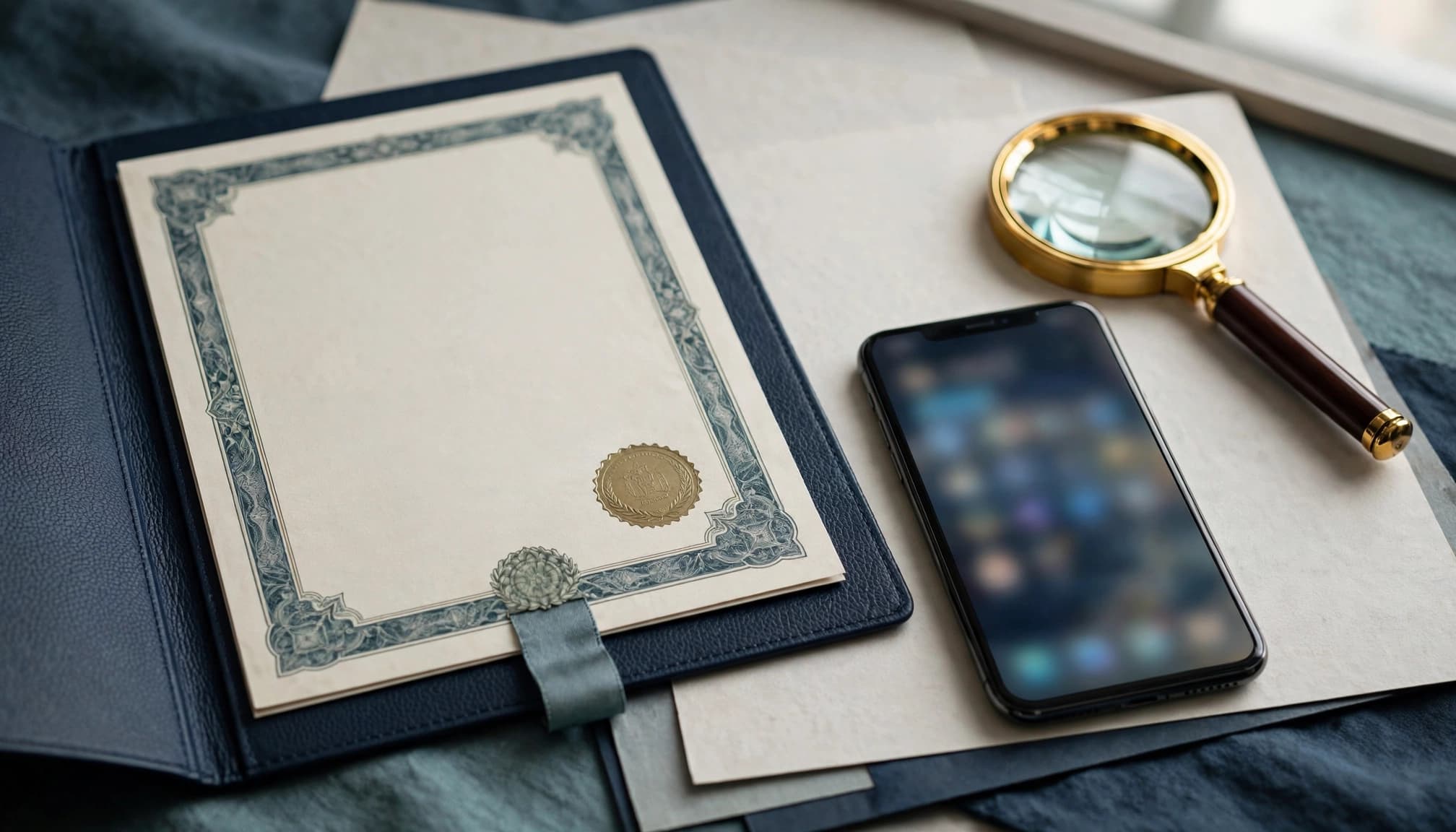 A folder, magnifying glass, blurred phone screen, and certificate-shaped paper on a desk.
