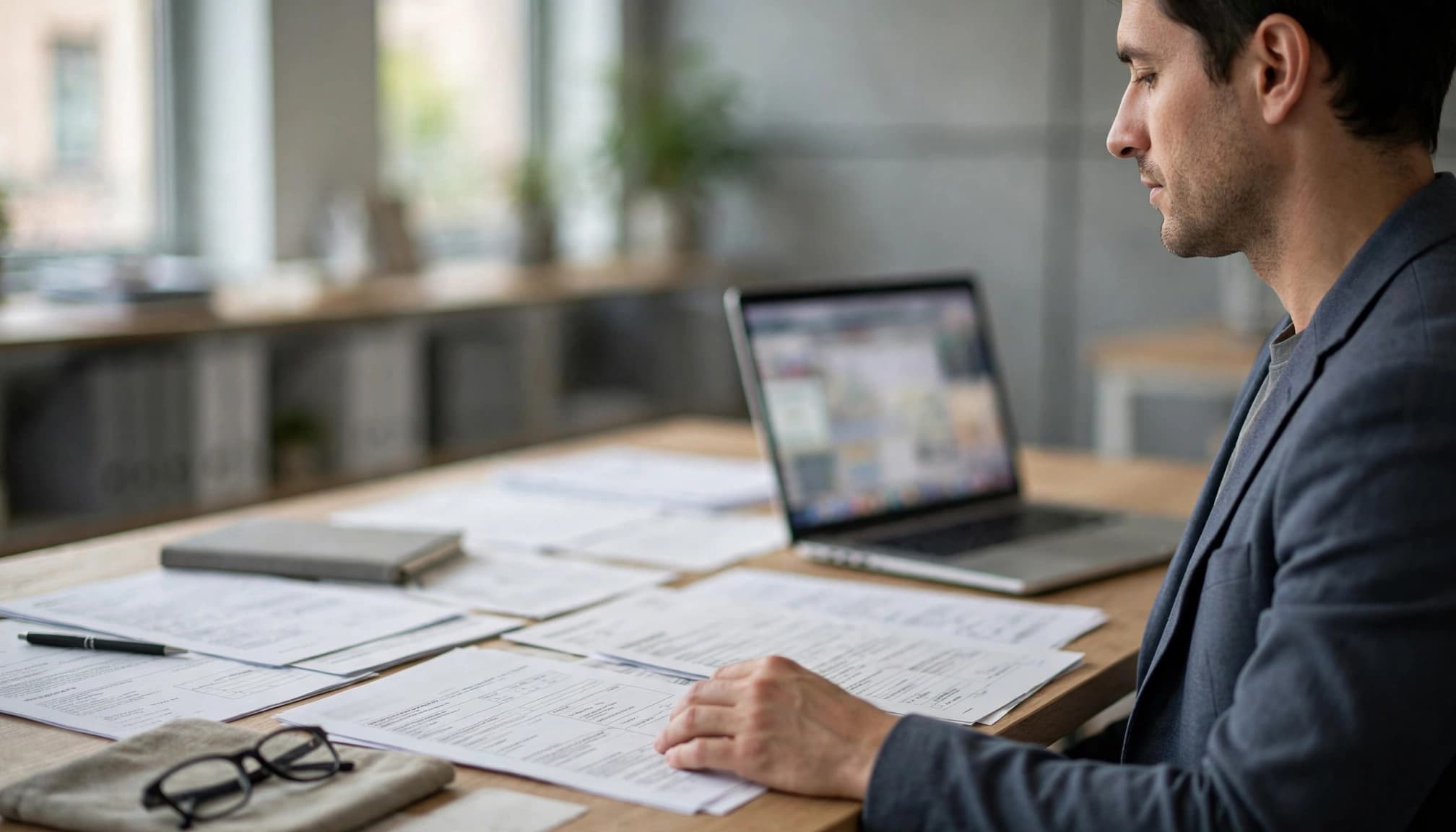 Researcher comparing company papers with a blurred licence record on a laptop.