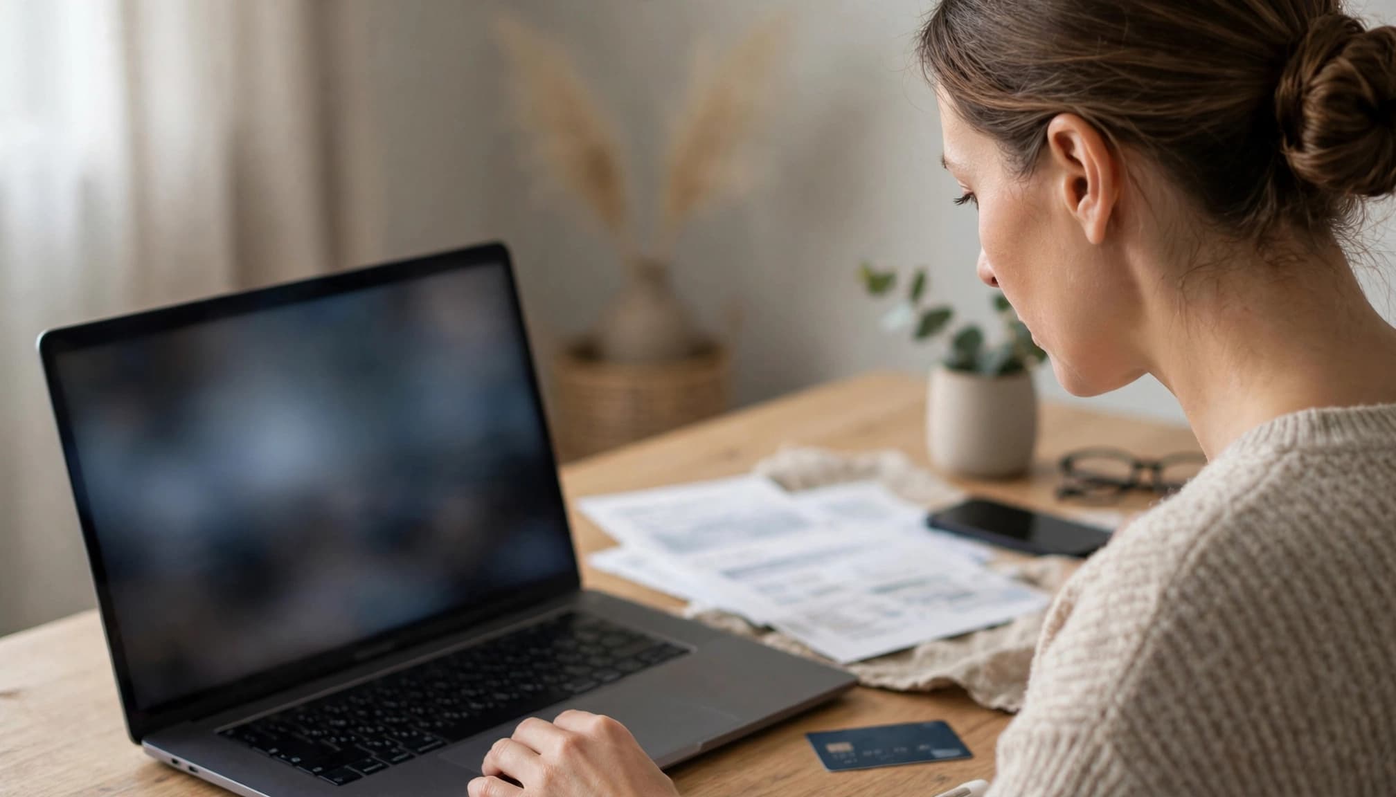 An adult checks a laptop beside documents, a bank card, and a phone at a tidy desk.