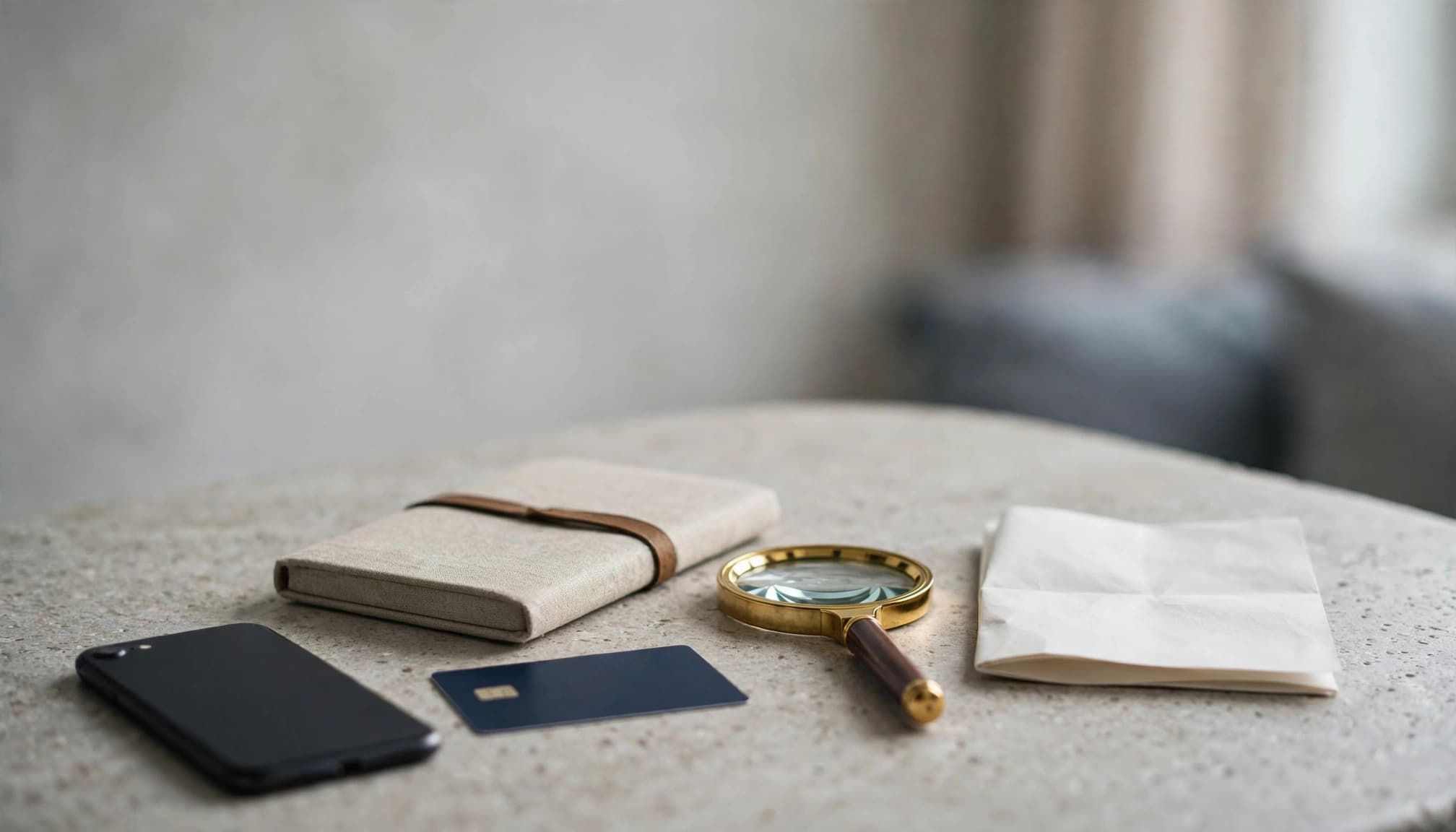 Phone, bank card, notebook, magnifying glass, and legal document on a stone table.