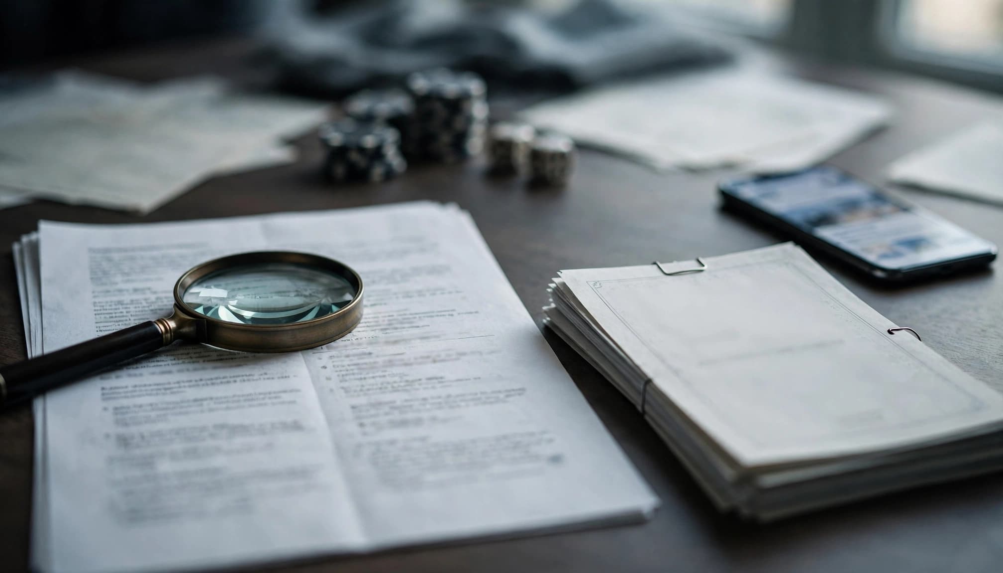 Review papers, regulatory documents, a magnifying glass, and one blurred smartphone on a wooden desk.