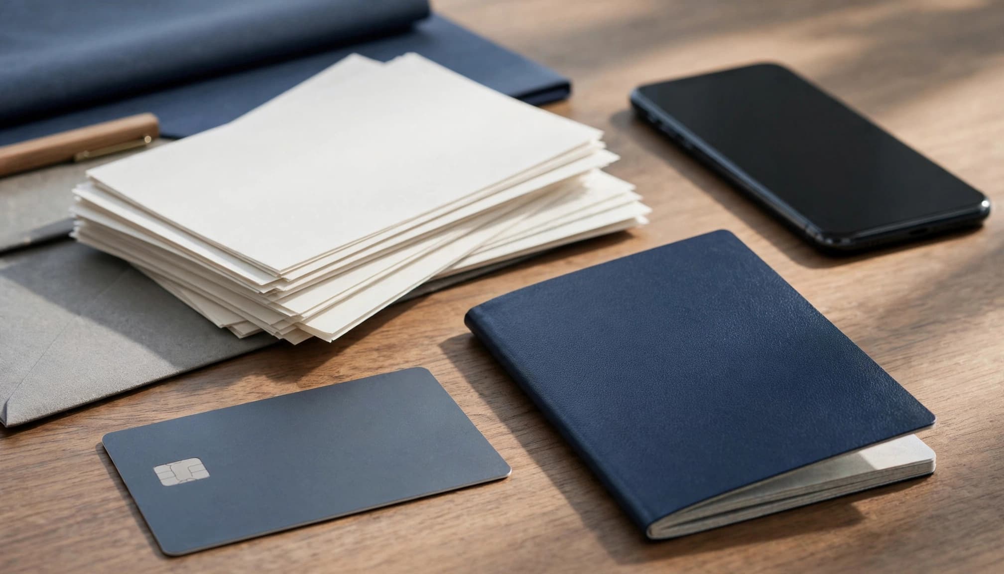 Payment card, phone, identity document, and verification papers on a professional desk.