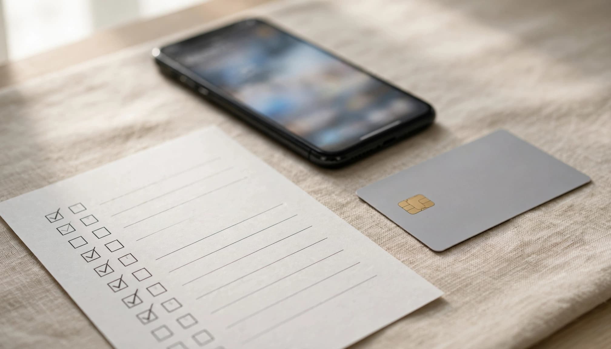 Phone with blurred payment status beside a bank card and checklist.
