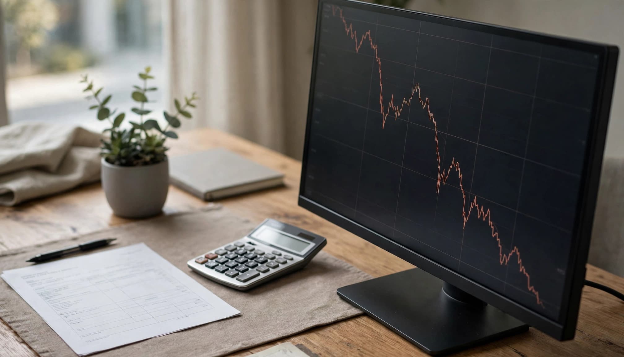Trading monitor showing a falling chart beside a calculator and account statement.