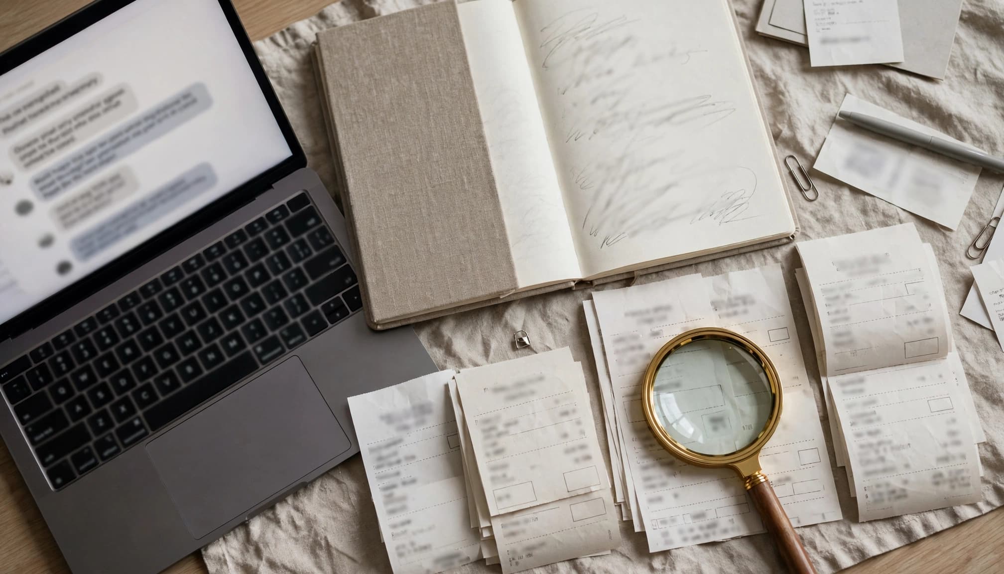 Laptop, notebook, transfer records, and magnifying glass arranged on a kitchen table.