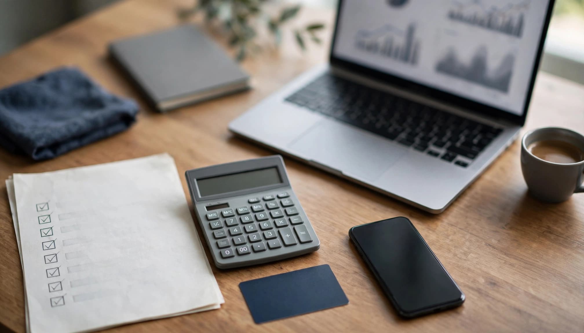 Checklist and calculator beside a bank card, smartphone, laptop, and coffee in a home office.