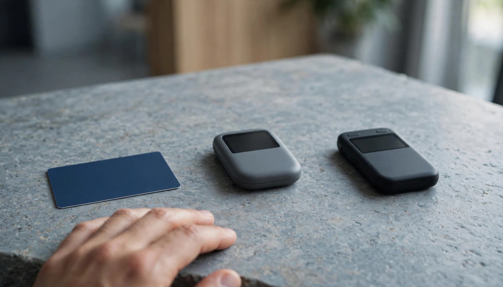 A hand beside a bank card, e-wallet device, and cryptocurrency wallet on a stone table.