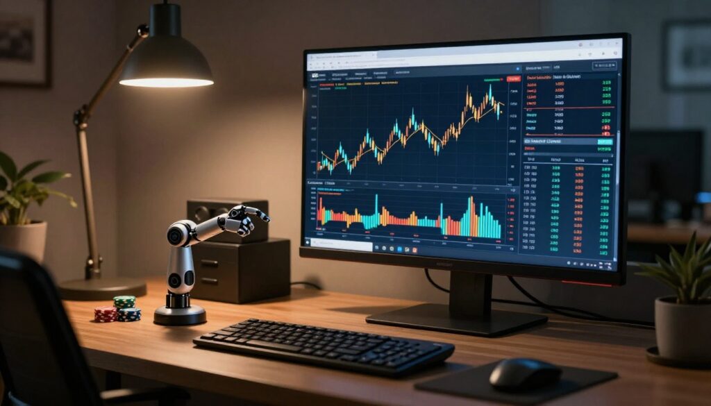 A monitor with trading charts and a small robotic arm above a keyboard.