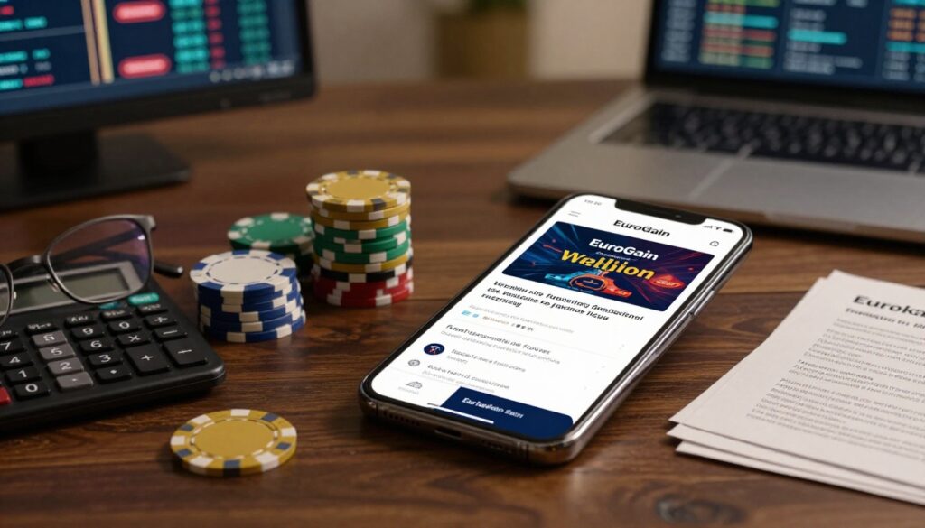 A smartphone, poker chips, calculator, glasses, and papers arranged on a dark wooden desk.