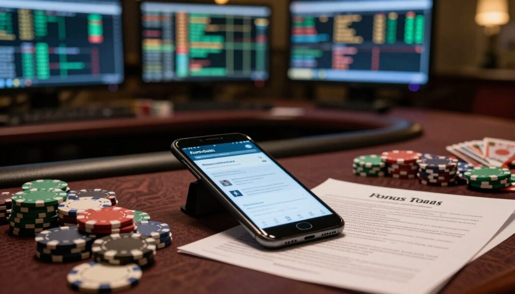 A smartphone and casino chips sit beside a blurred bonus terms document.