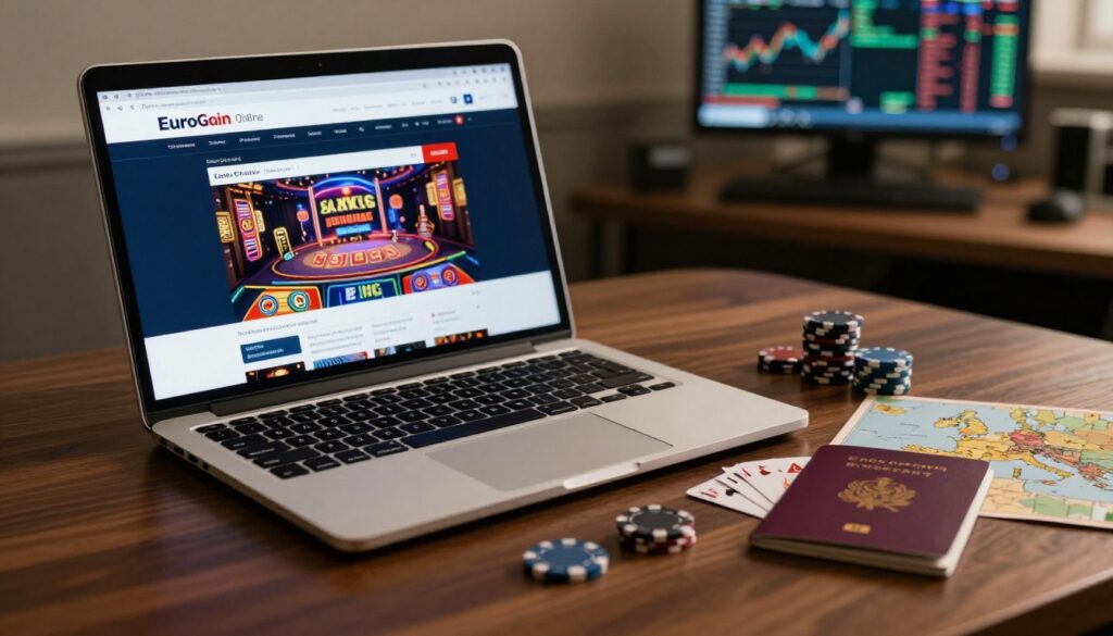 Laptop showing a casino bonus page beside a European map, passport, and poker chips.