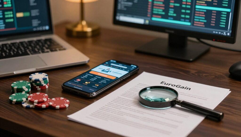 Phone, roulette chips, and a magnifying glass over casino terms on a wooden table.