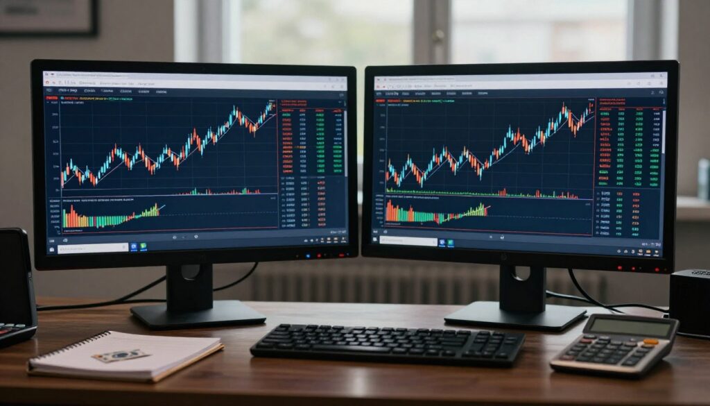 Two monitors show matching forex charts beside a calculator and notebook.