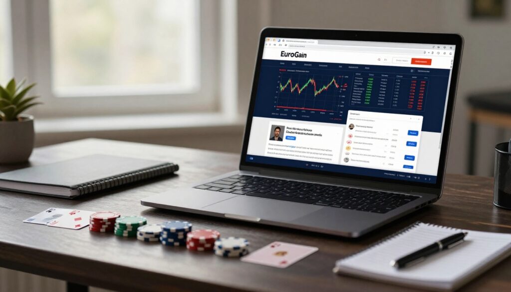 Laptop comparing two casino websites beside chips, cards, and a notepad.