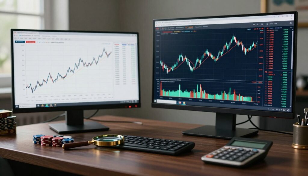 A trading desk compares a steady paper graph with a fluctuating monitor chart and calculator.