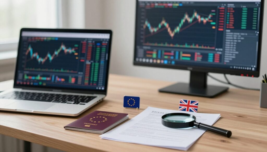 Trading screens, licence papers, a magnifying glass, and EU and UK flag pins on a desk.
