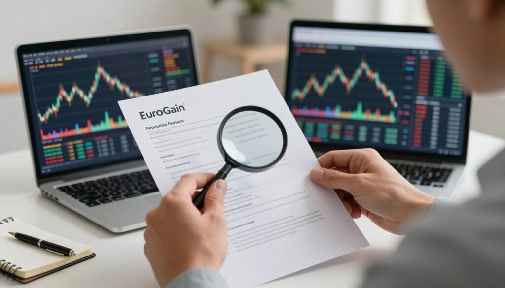 Hands examine financial documents beside a laptop showing a candlestick chart.