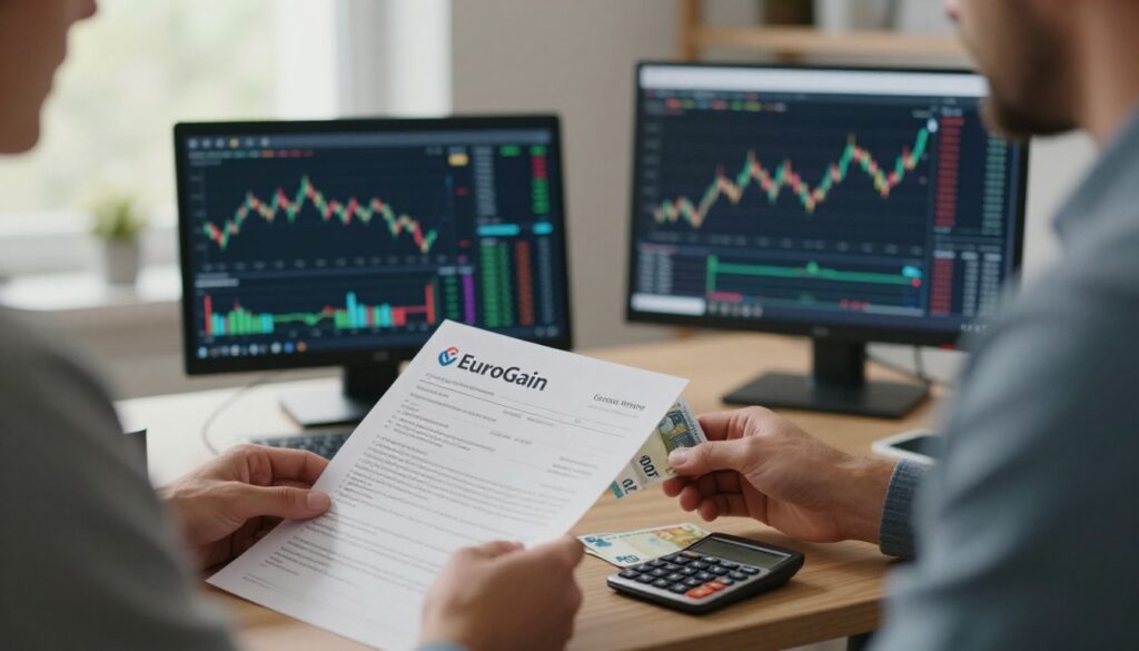 Trader holding a bank statement beside a laptop, euro note, and calculator.