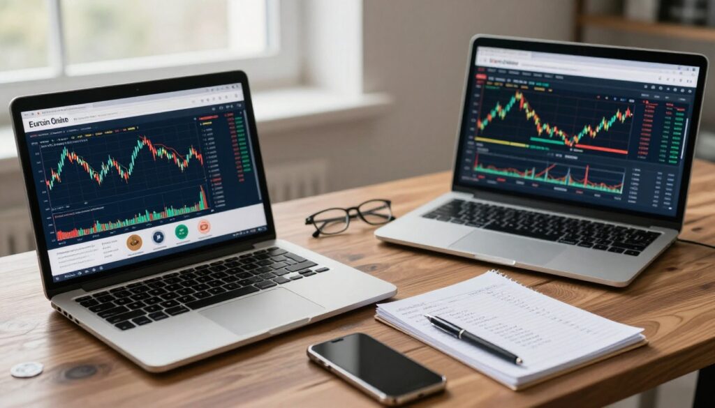Two laptops show trading charts beside notes, a phone, glasses, and a regulatory folder.