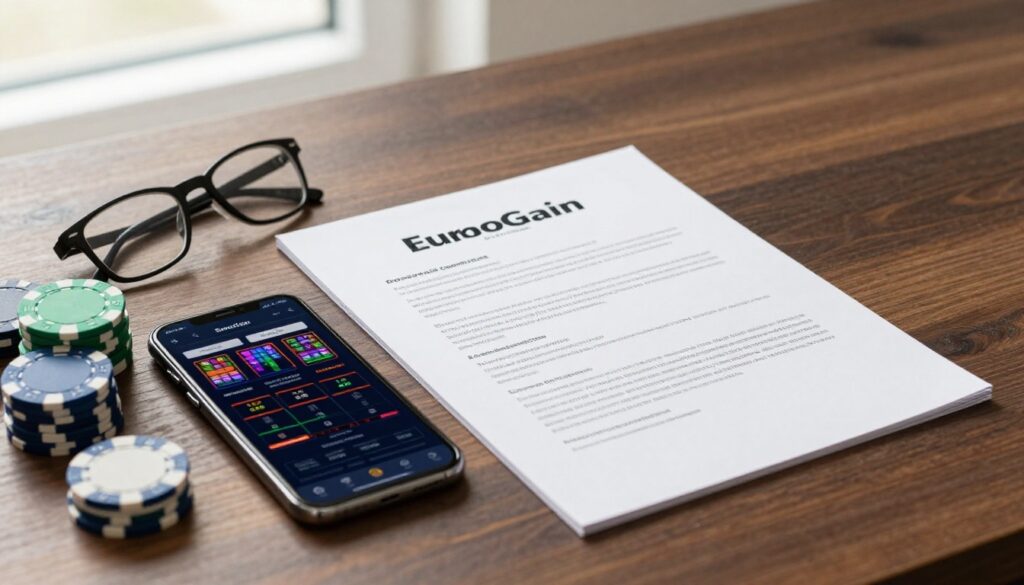 Casino terms document beside a phone, poker chips, and reading glasses on a walnut desk.