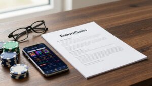 Casino terms document beside a phone, poker chips, and reading glasses on a walnut desk.