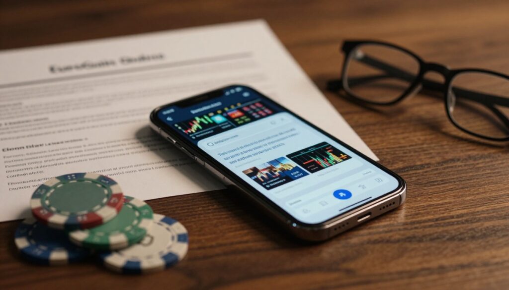 A glowing smartphone beside casino chips, terms paperwork, and reading glasses on a dark desk.