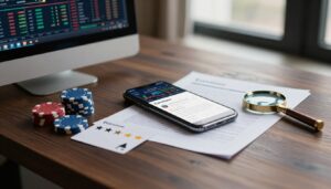 A phone, casino chips, rating card, and magnifying glass on a dark wooden desk.