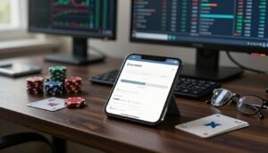 A smartphone banking app beside a UK card, casino chips, and reading glasses.