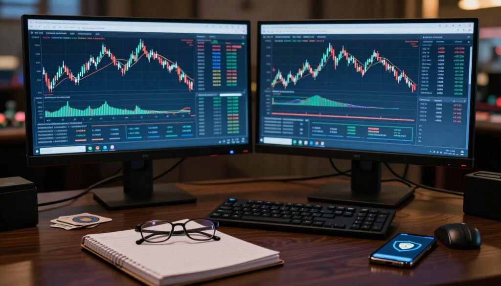 Trading monitors, a ledger, glasses, and a phone with a shield icon sit on a walnut desk.