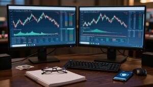Trading monitors, a ledger, glasses, and a phone with a shield icon sit on a walnut desk.