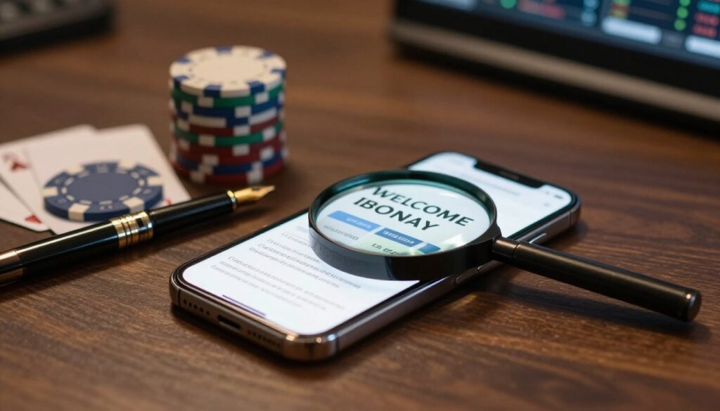 A smartphone shows a casino bonus beside a magnifying glass and poker chips.