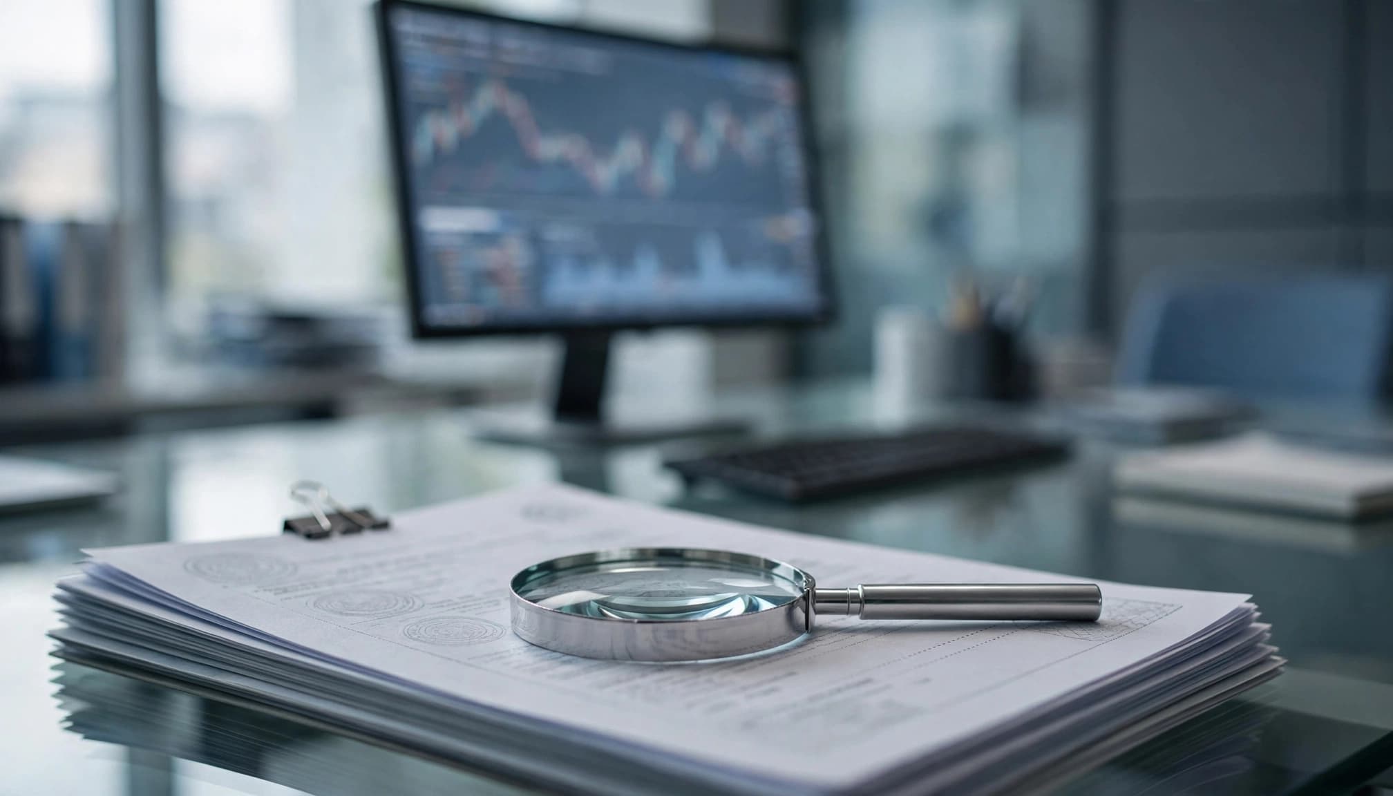Regulatory papers and a magnifying glass sit before a blurred trading monitor.