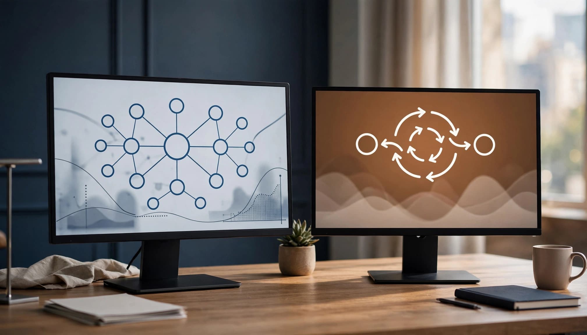 Two monitors compare external liquidity routing with an internal broker workflow at a modern trading desk.