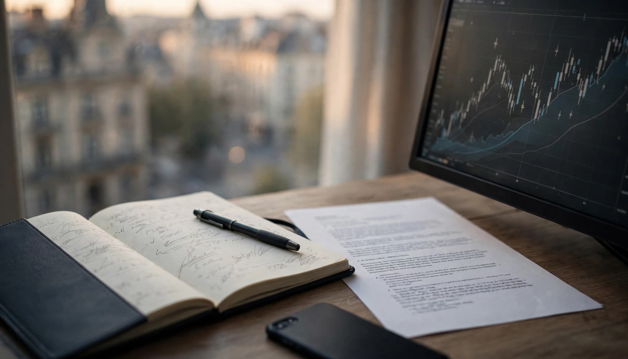 Notebook, pen, phone, and printed policy beside a monitor with an abstract price chart.