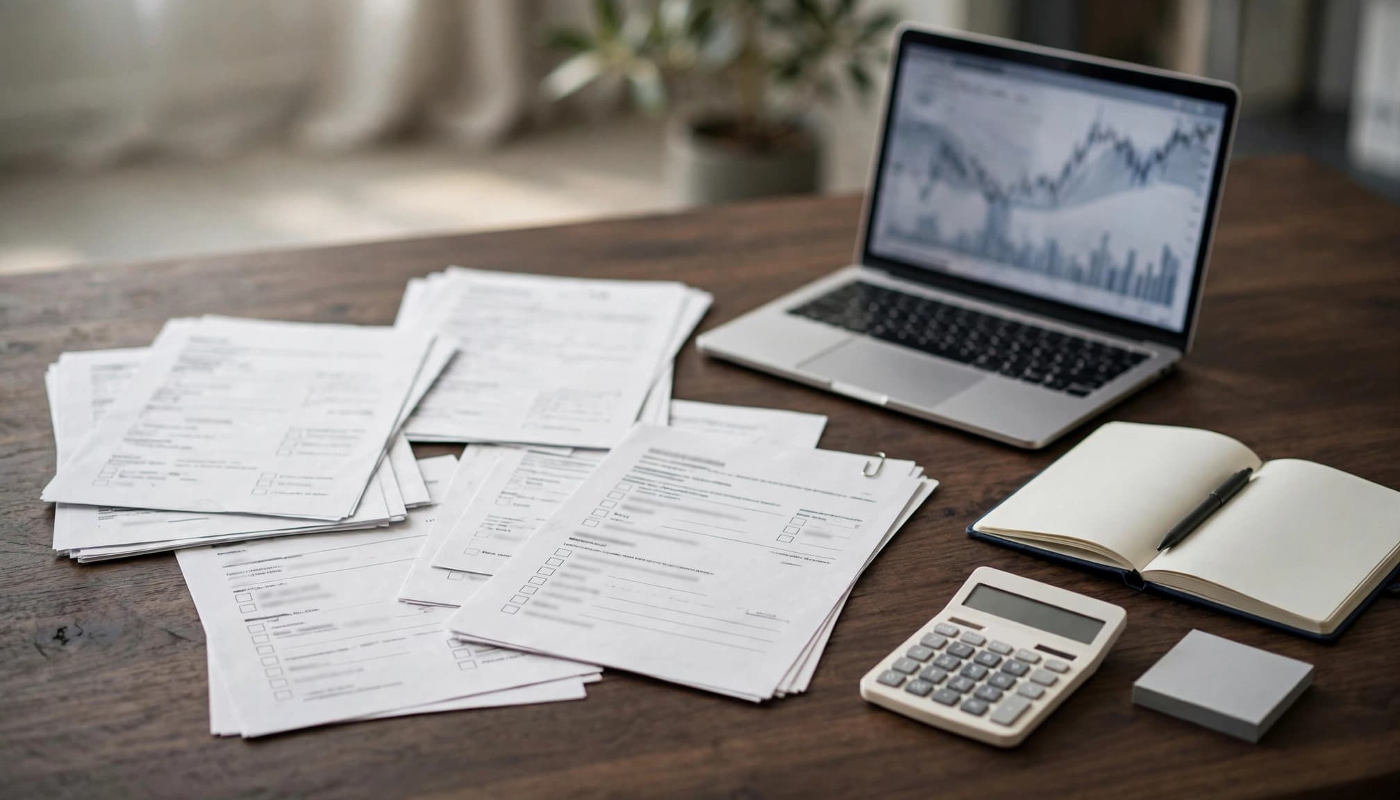 Desk with regulatory papers, calculator, notebook, and laptop showing blurred charts.