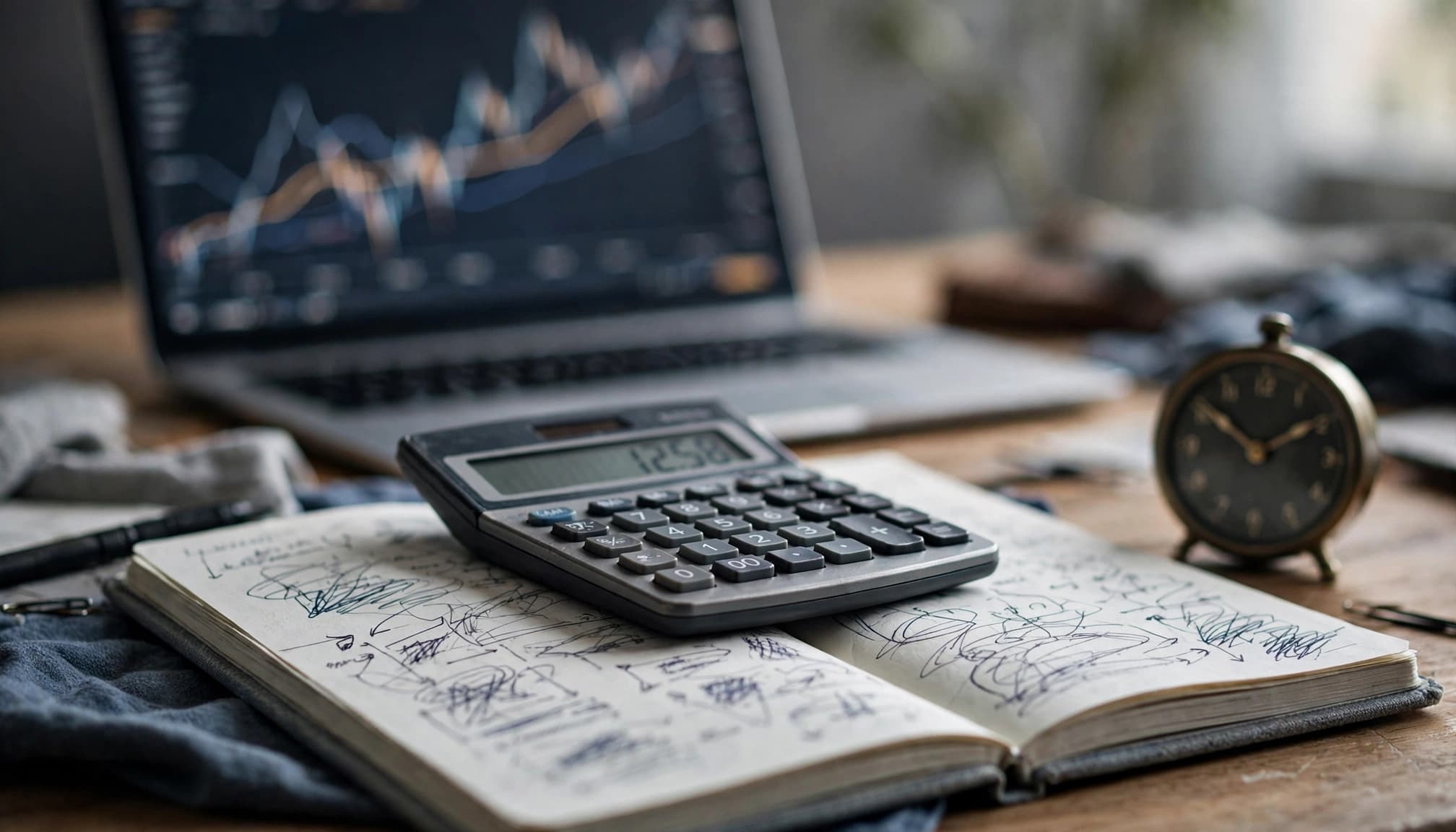 Calculator and abstract notes beside a laptop chart and overnight clock.