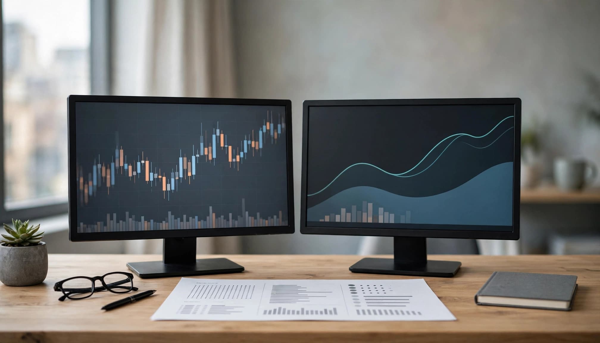 Two market chart monitors and a printed fee sheet on a modern office desk.