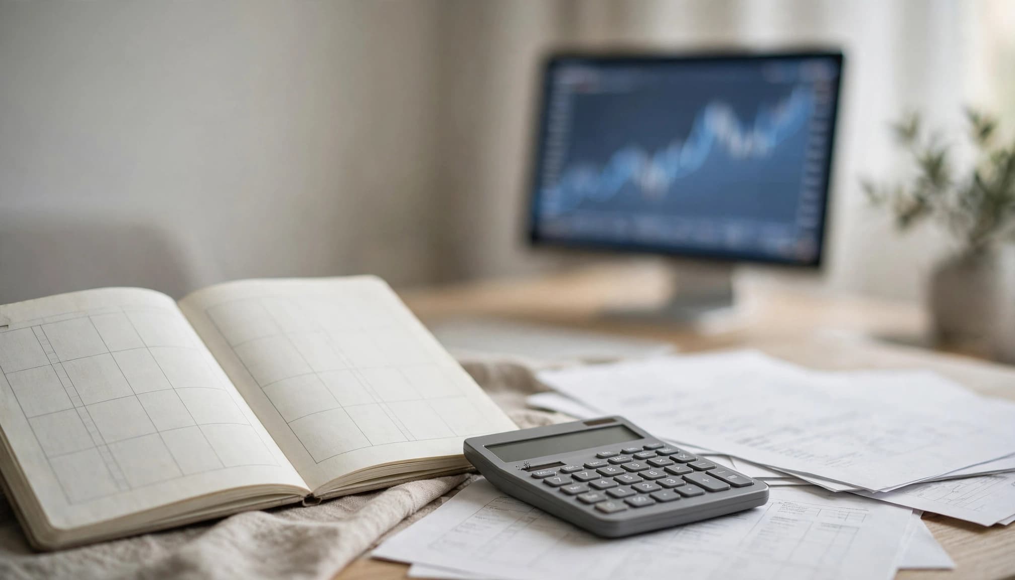 Notebook, calculator, fee papers, and a currency chart on a home-office desk.