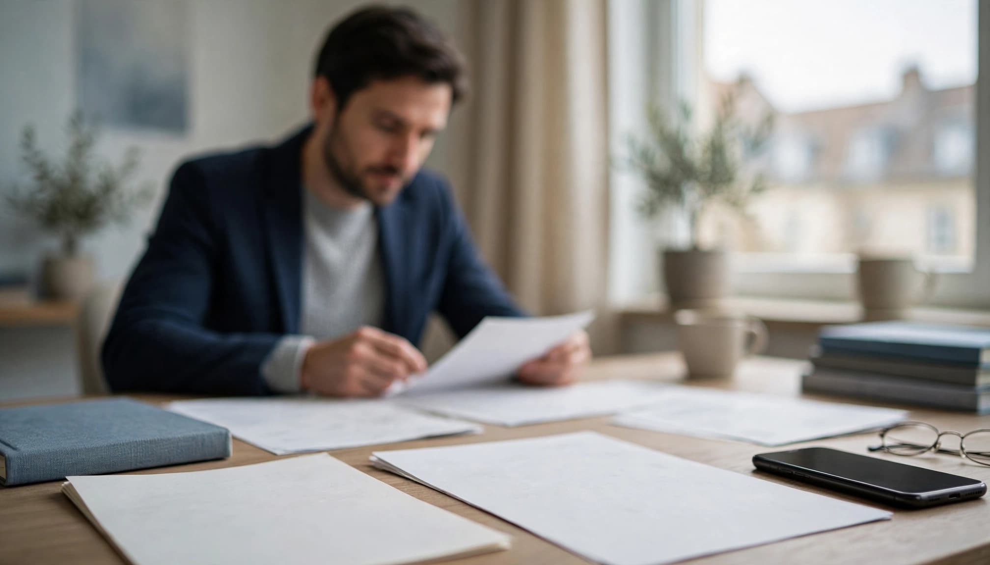 A trader reviews fee documents beside a bank statement and smartphone at a home-office desk.