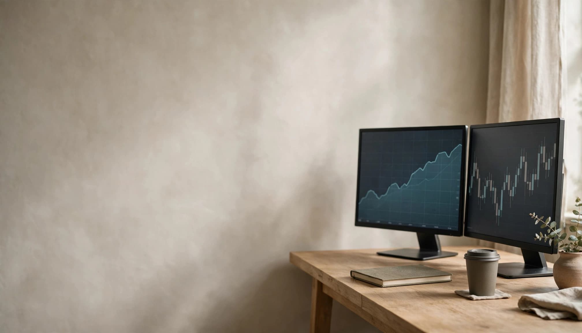 Two monitors with market charts sit on a desk beside a notebook and closed coffee cup.